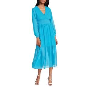 NWOT Steve Madden Nylah Smocked Long Sleeve Chiffon Midi Dress Blue– Small